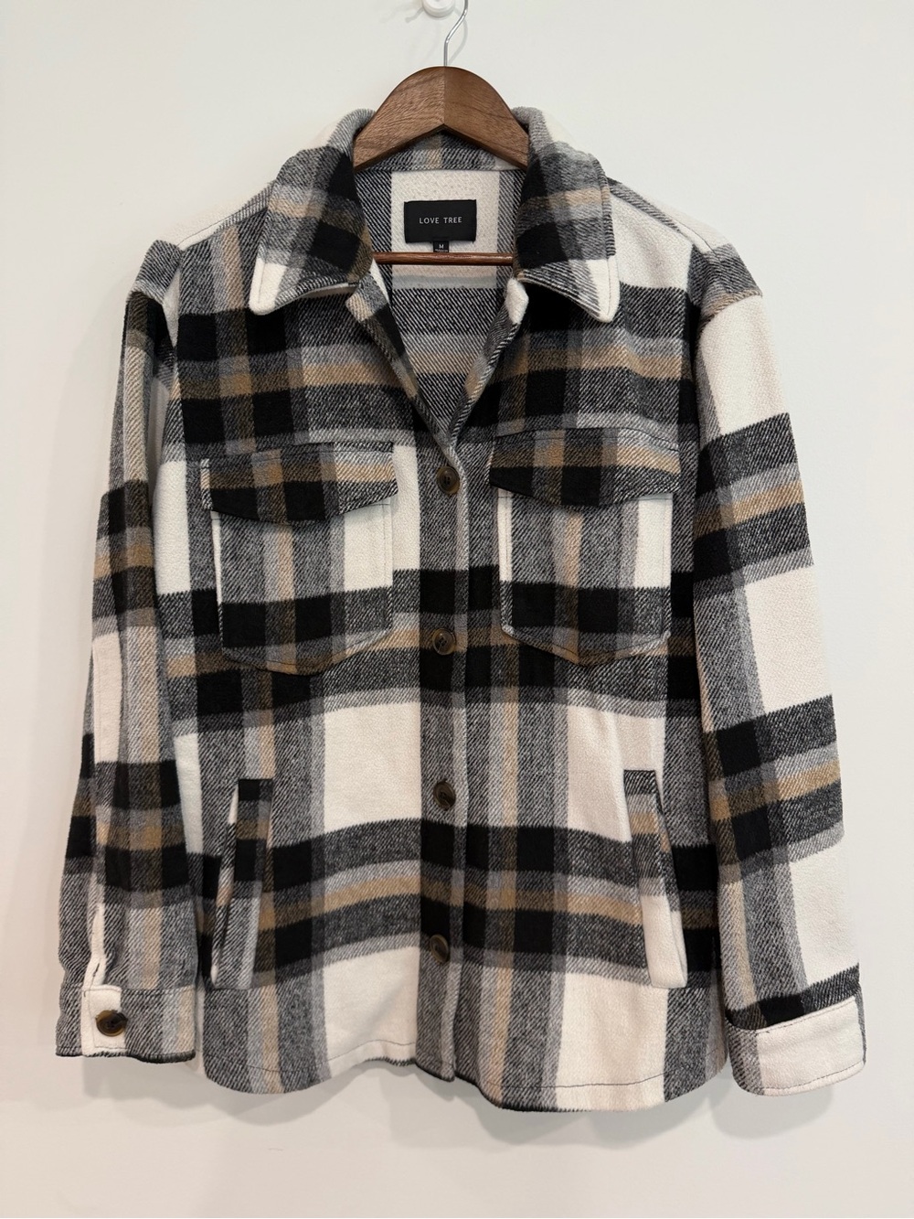 Love Tree Plaid Shacket Oversized Shirt Jacket Black Tan Cream Size M